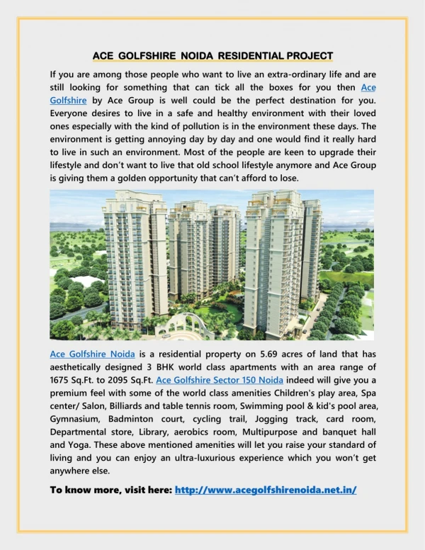 Ace Golfshire: An exceptionally crafted residency in Noida