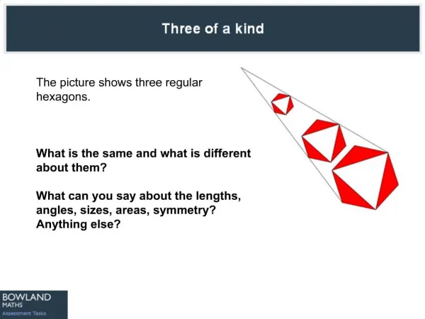 The picture shows three regular hexagons. What is the same and what is different about them What can you say about t