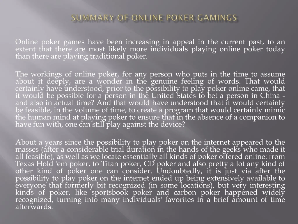 summary of online poker gamings