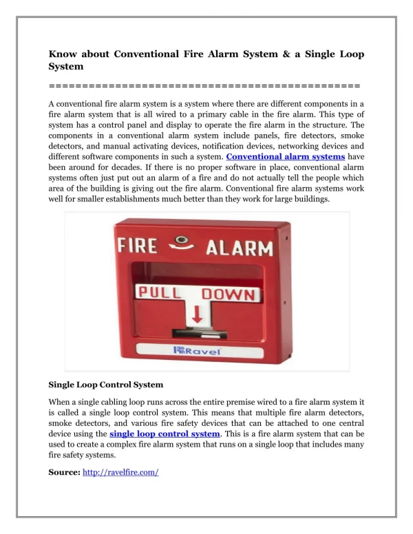 Know about Conventional Fire Alarm System & a Single Loop System