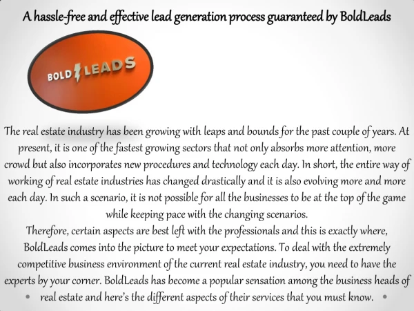 A hassle-free and effective lead generation process guaranteed by BoldLeads Real Estate