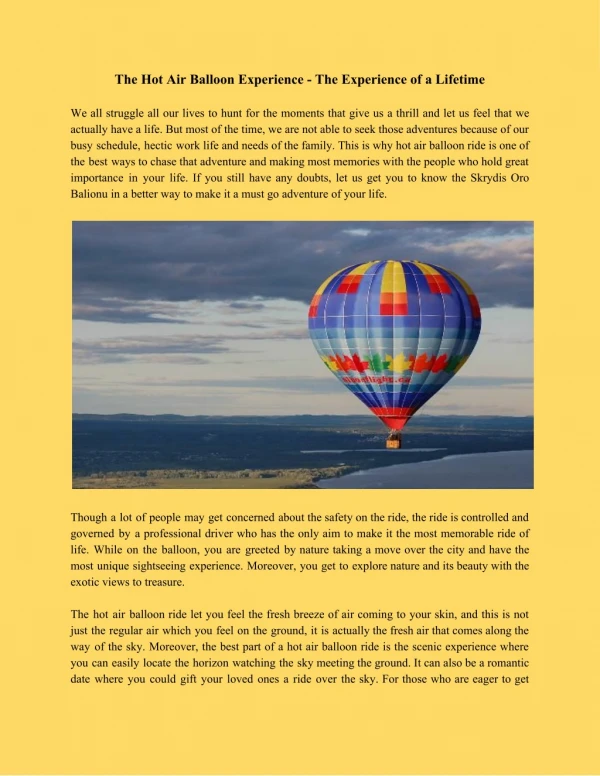 The Hot Air Balloon Experience - The Experience of a Lifetime