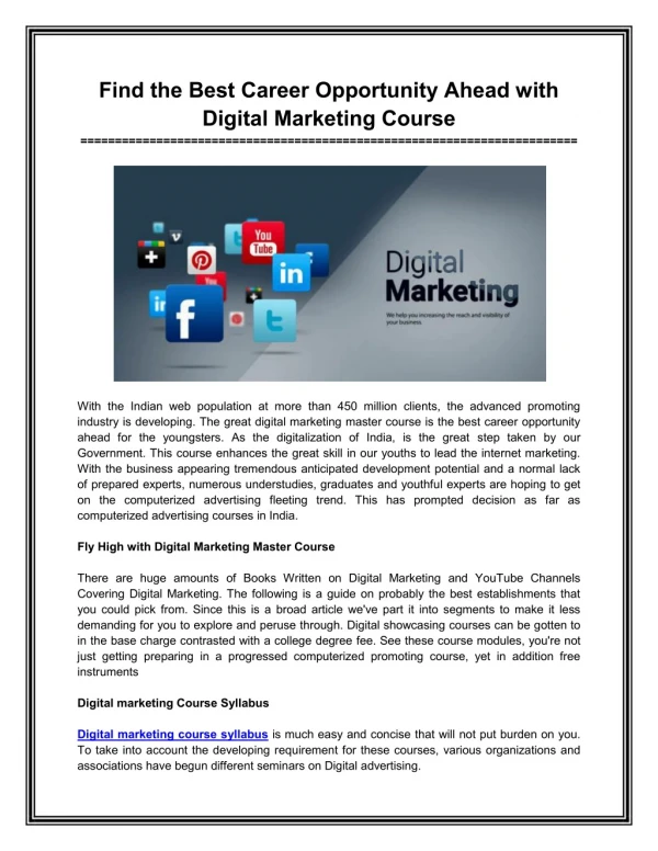 Find the Best Career Opportunity Ahead with Digital Marketing Course