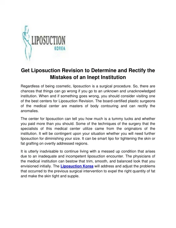 Get Liposuction Revision To Determine And Rectify The Mistakes Of An Inept Institution