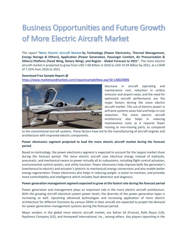 Business Opportunities and Future Growth of More Electric Aircraft Market