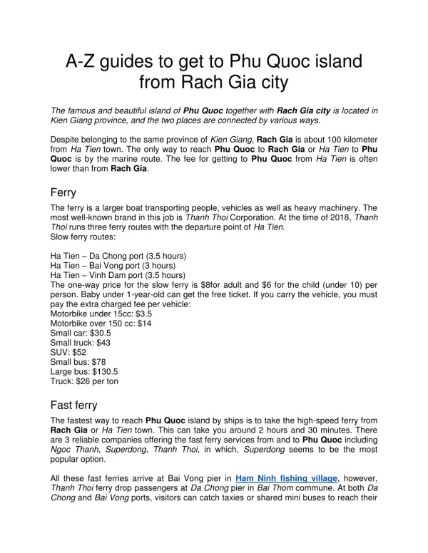 A-Z guides to get to Phu Quoc island from Rach Gia city
