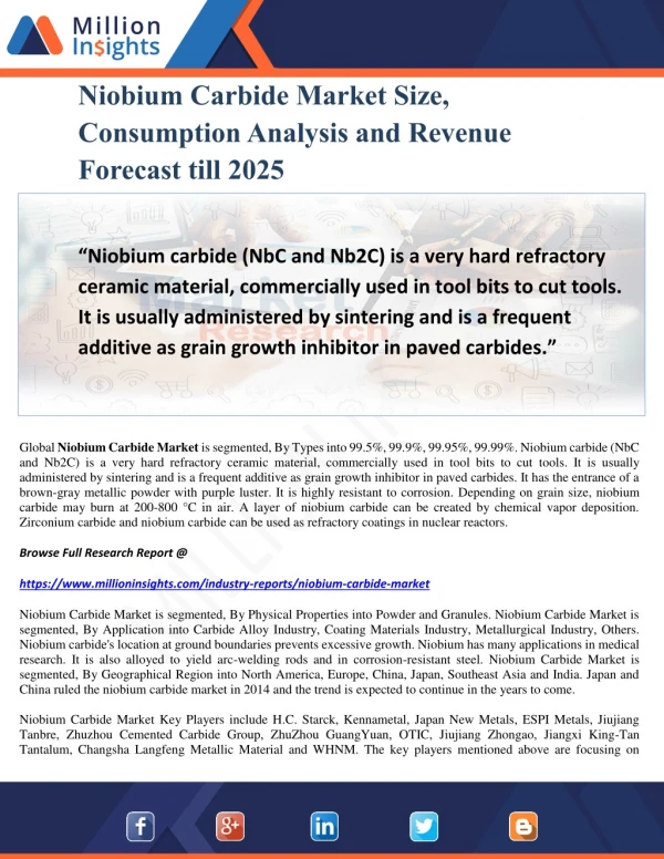 Niobium Carbide Market Size, Consumption Analysis and Revenue Forecast till 2025