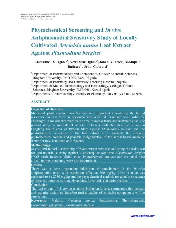 Phytochemical Screening and In vivo Antiplasmodial Sensitivity Study of Locally Cultivated Artemisia annua Leaf Extract