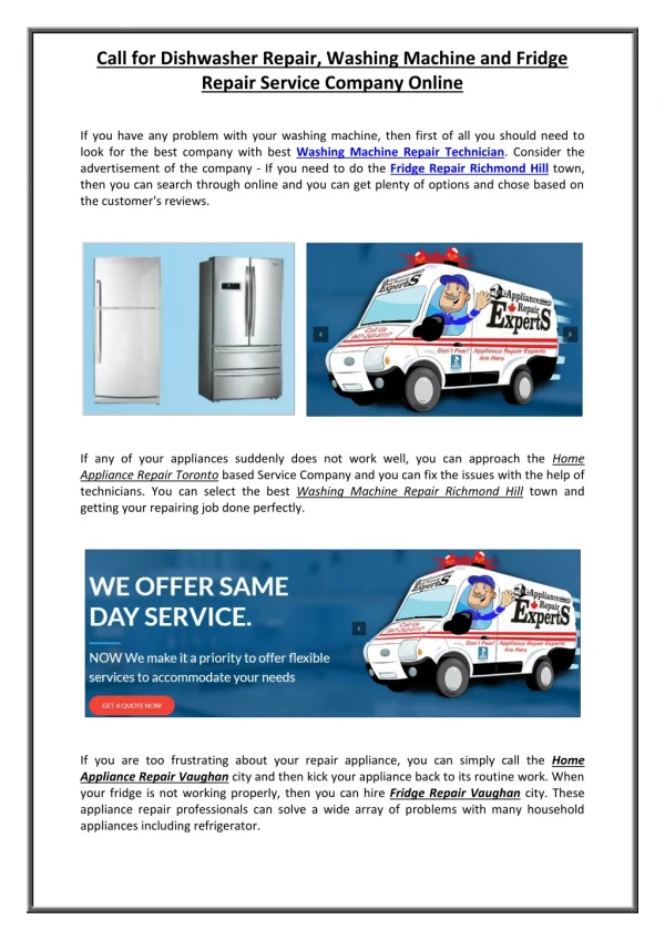 Call for Dishwasher Repair, Washing Machine and Fridge Repair Service Company Online