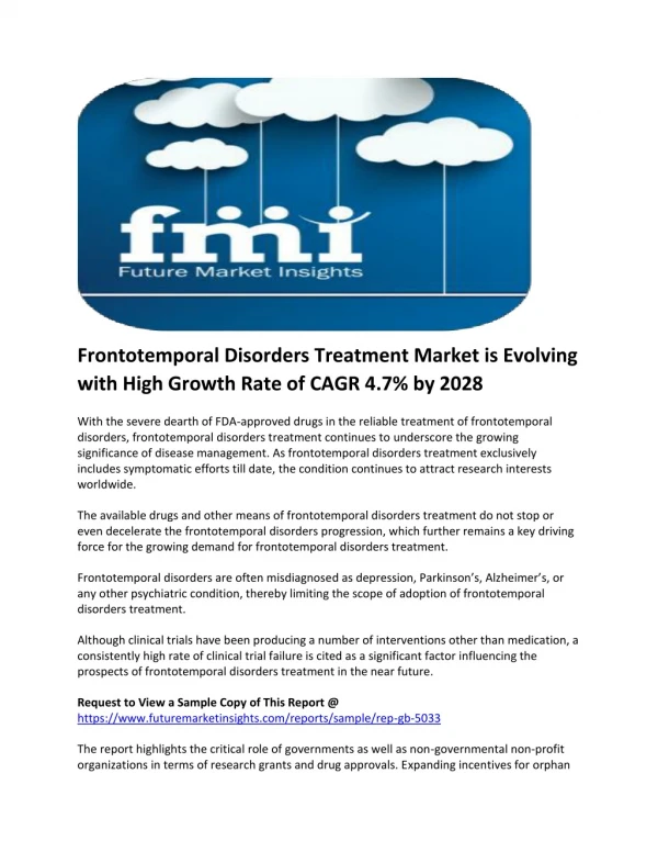 Frontotemporal Disorders Treatment Adoption to Surpass US$ 3 Billion in 2019