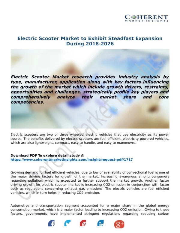 Electric Scooter Market to Exhibit Steadfast Expansion During 2018-2026