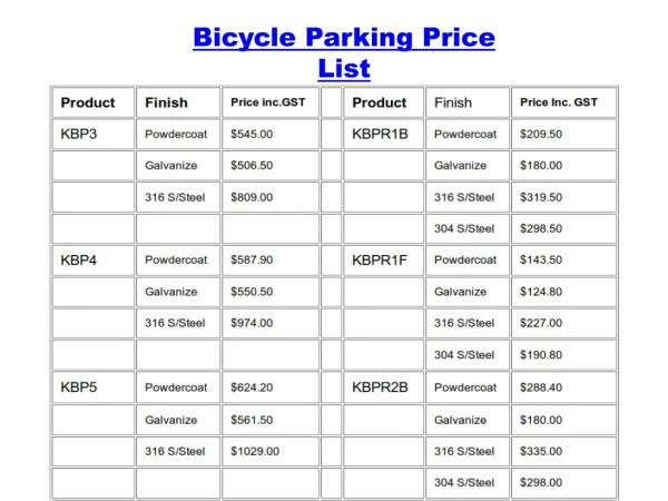Bicycle Parking Price List