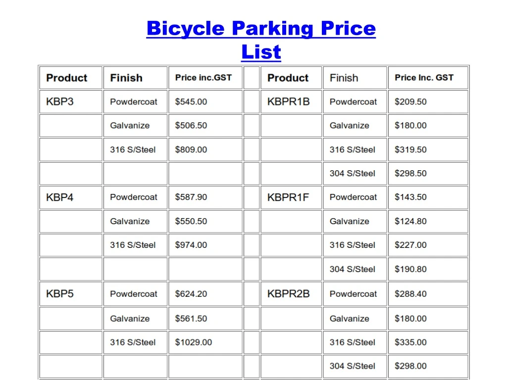 bicycle parking price list