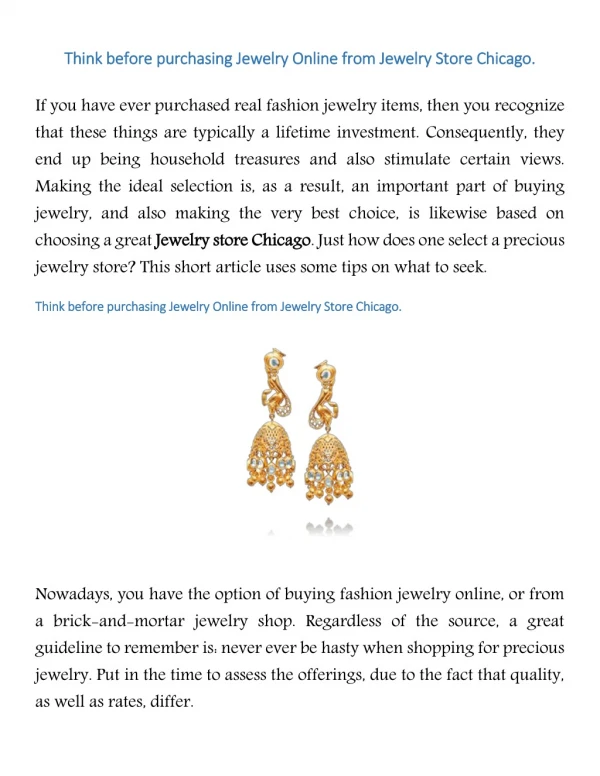 Think before purchasing Jewelry Online from Jewelry Store Chicago