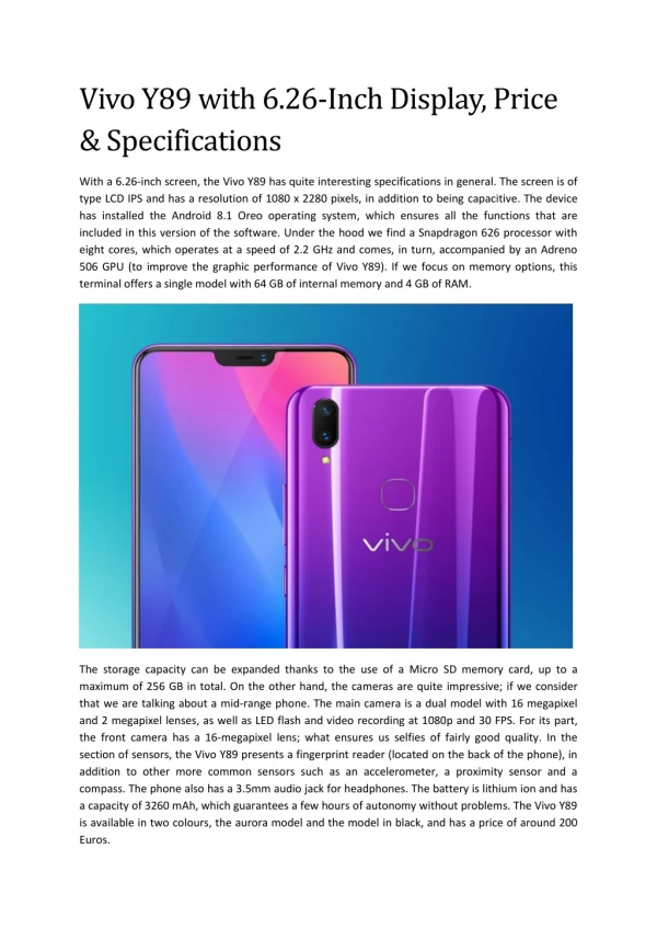 Vivo Y89 with 6.26-Inch Display, Price & Specifications
