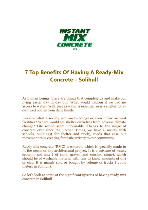 7 Top Benefits Of Having A Ready-Mix Concrete – Solihull