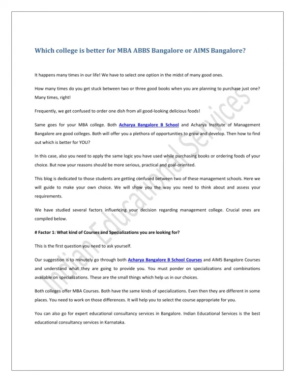 Which college is better for MBA ABBS Bangalore or AIMS Bangalore?