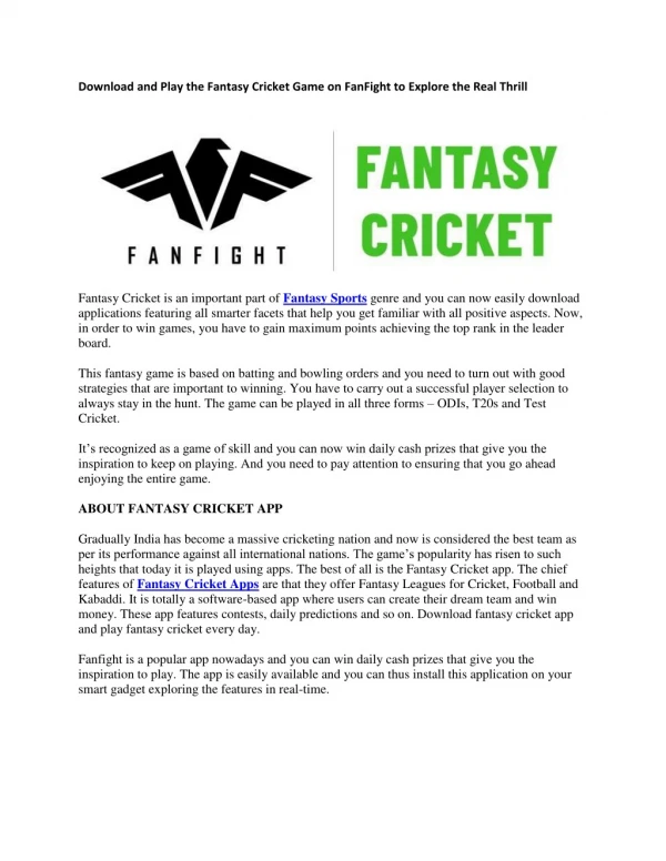 Download and Play the Fantasy Cricket Game on FanFight to Explore the Real Thrill