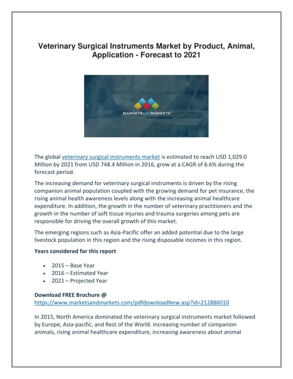 Veterinary Surgical Instruments Market by Product, Animal, Application - Forecast to 2021