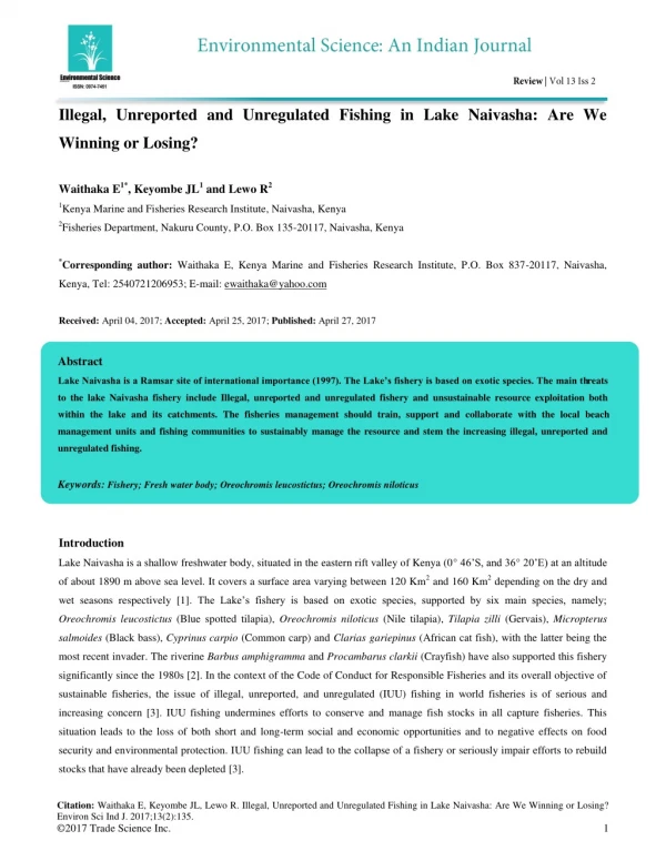 Illegal, Unreported and Unregulated Fishing in Lake Naivasha: Are We Winning or Losing?