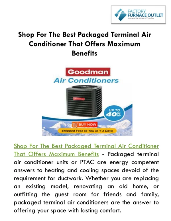 Shop For The Best Packaged Terminal Air Conditioner That Offers Maximum Benefits