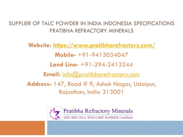 Supplier of Talc Powder in India Indonesia Specifications Pratibha Refractory Minerals