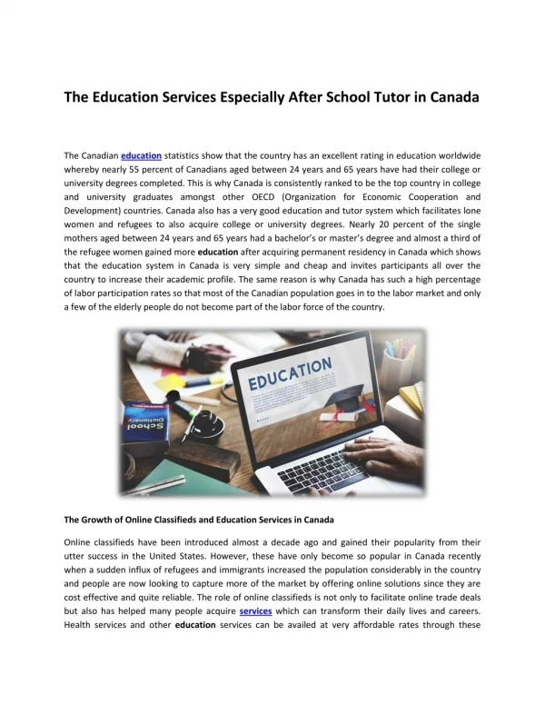 The Education Services Especially After School Tutor in Canada