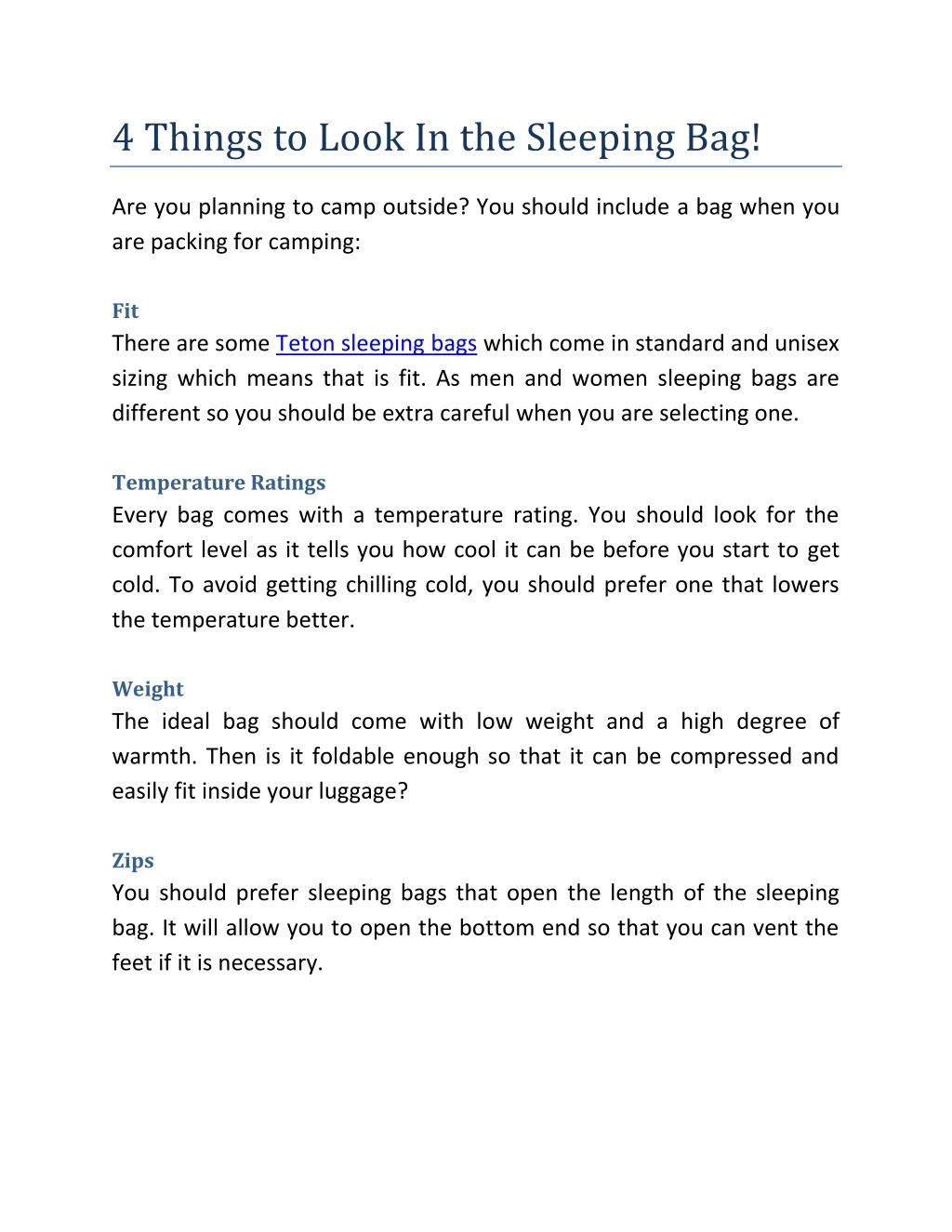 4 things to look in the sleeping bag