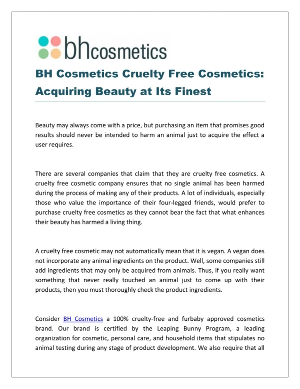 BH Cosmetics Cruelty Free Cosmetics: Acquiring Beauty at Its Finest