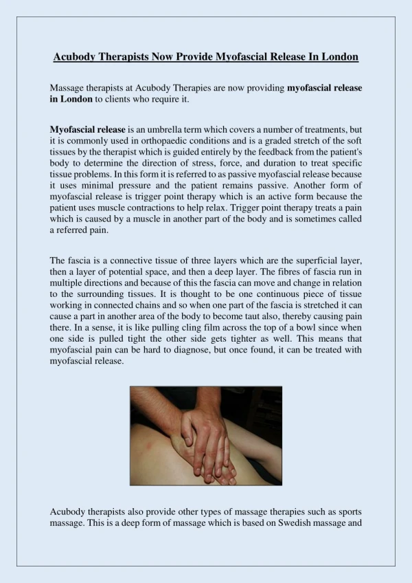 Acubody Therapists Now Provide Myofascial Release In London