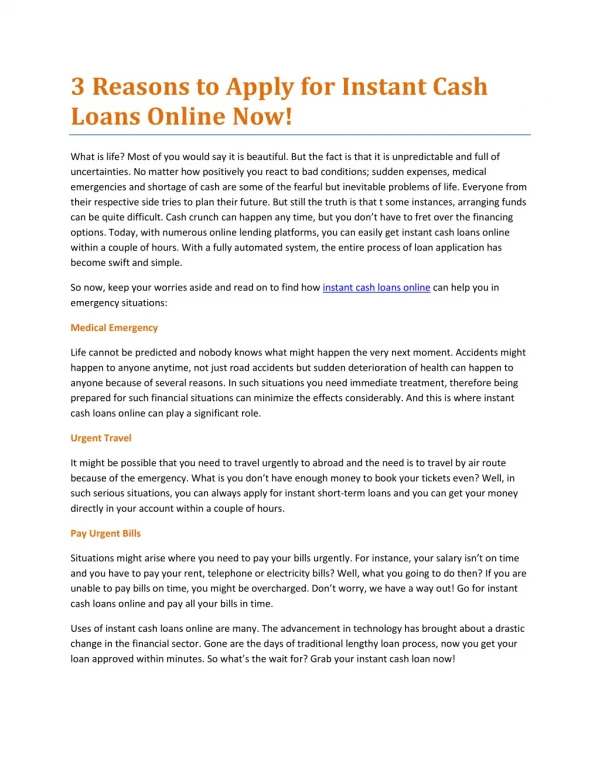 3 Reasons to Apply for Instant Cash Loans Online Now