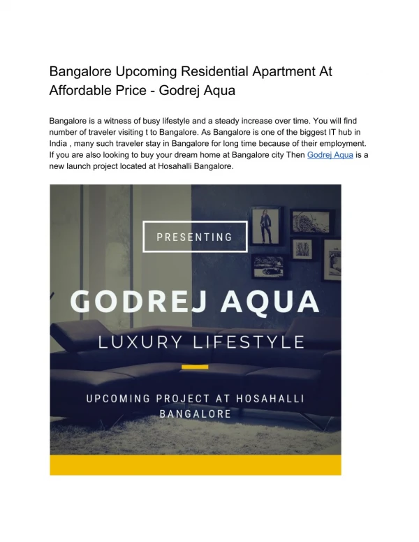 Bangalore Pre-Launch Residential Luxury Apartment At Hosahalli Near Airport Road