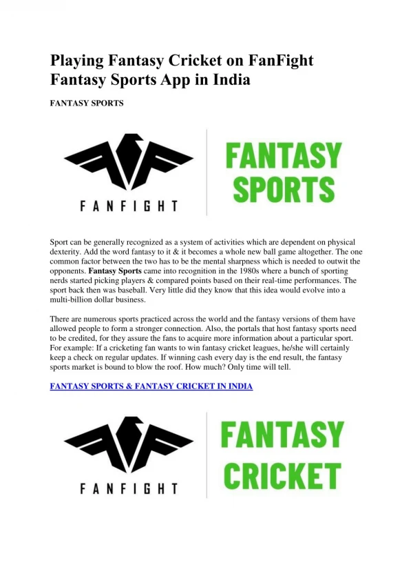Playing Fantasy Cricket on FanFight Fantasy Sports App in India