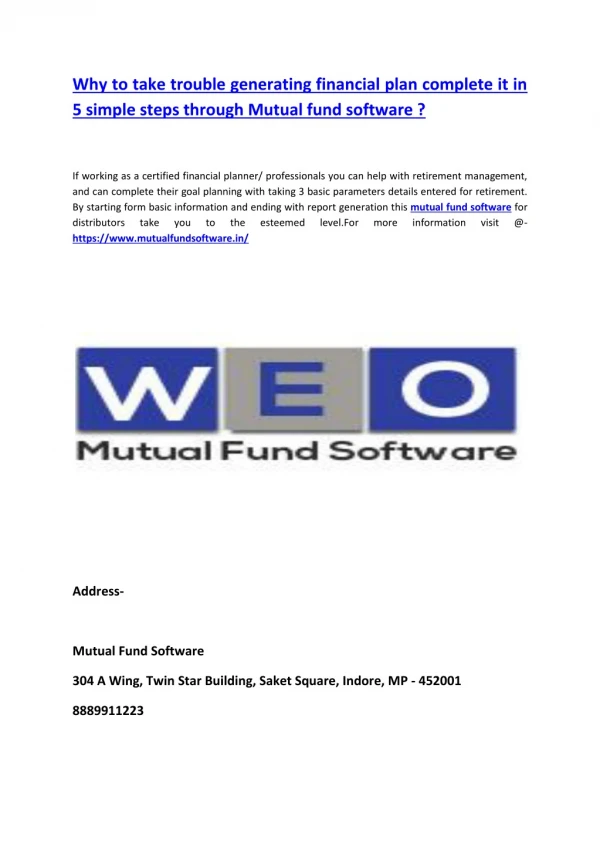 Why to take trouble generating financial plan complete it in 5 simple steps through Mutual fund software ?