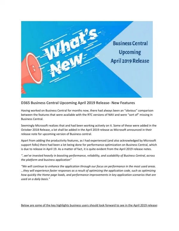 D365 Business Central Upcoming April 2019 Release- New Features