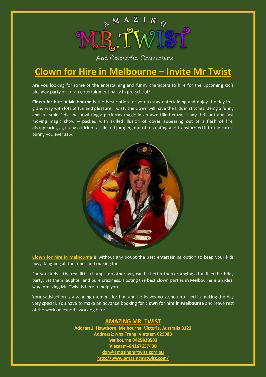 clown for hire in melbourne invite mr twist