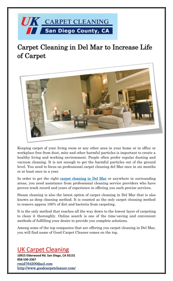 Carpet Cleaning in Del Mar to Increase Life of Carpet