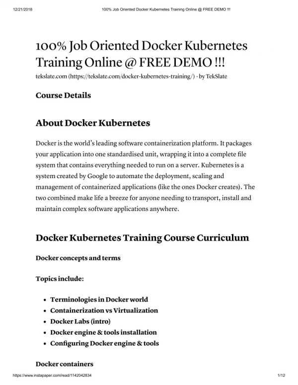 Docker Kubernetes Training in India & USA - FREE DEMO
