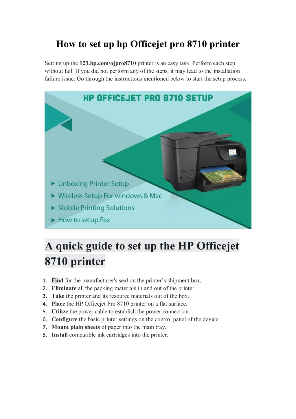 how to set up hp officejet pro 8710 printer