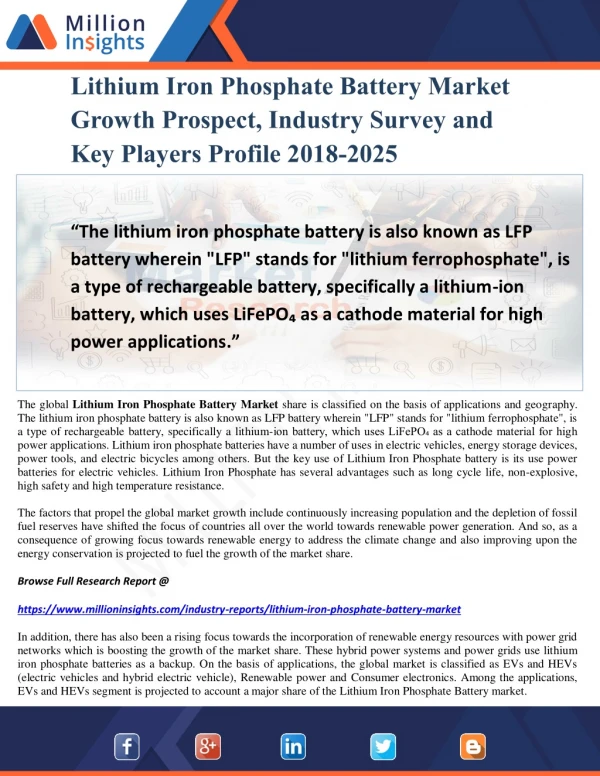 Lithium Iron Phosphate Battery Market Growth Prospect, Industry Survey and Key Players Profile 2018-2025