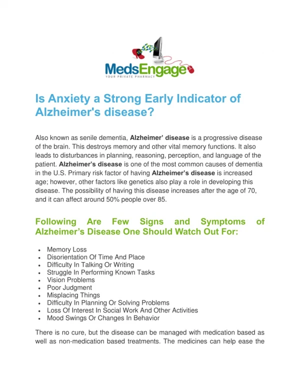 Is Anxiety a Strong Early Indicator of Alzheimer's disease?