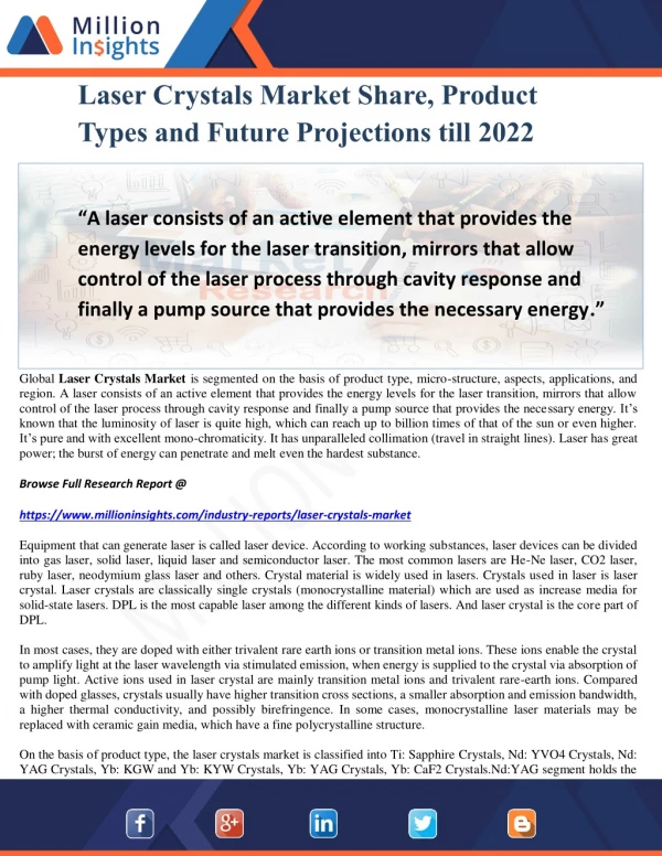 Laser Crystals Market Share, Product Types and Future Projections till 2022