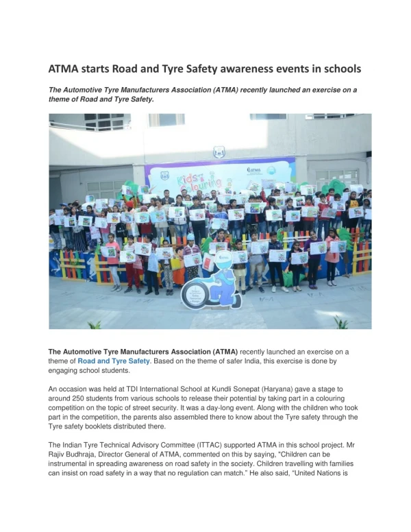 ATMA starts Road and Tyre Safety awareness events in schools