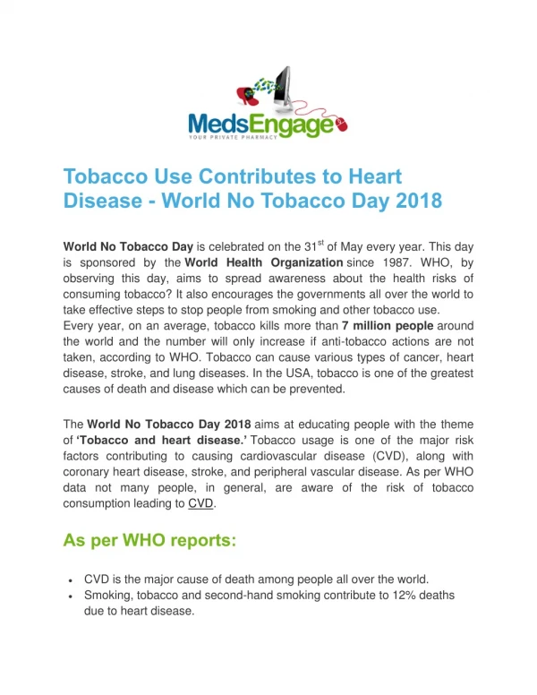 Tobacco Use Contributes to Heart Disease - World No Tobacco Day 2018