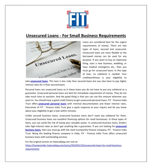 Unsecured Loans - For Small Business Requirements