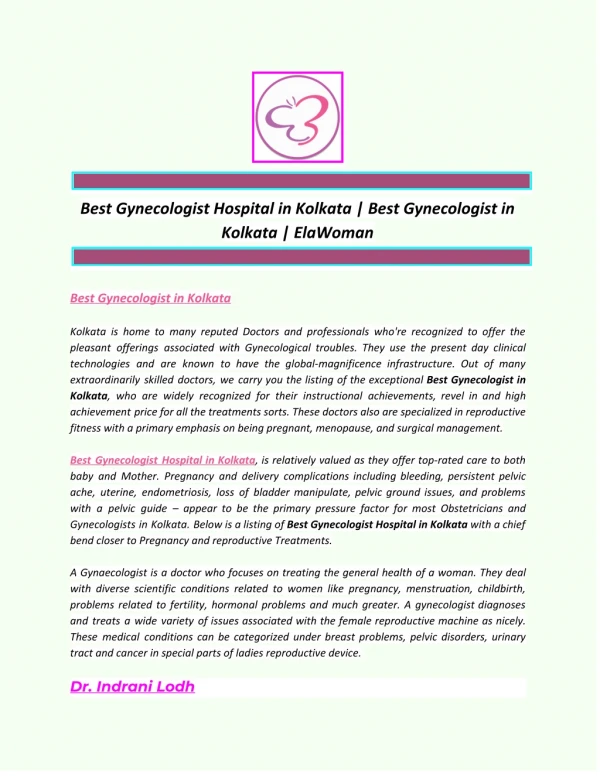 Best Gynecologist Hospital in Kolkata | Best Gynecologist in Kolkata | ElaWoman
