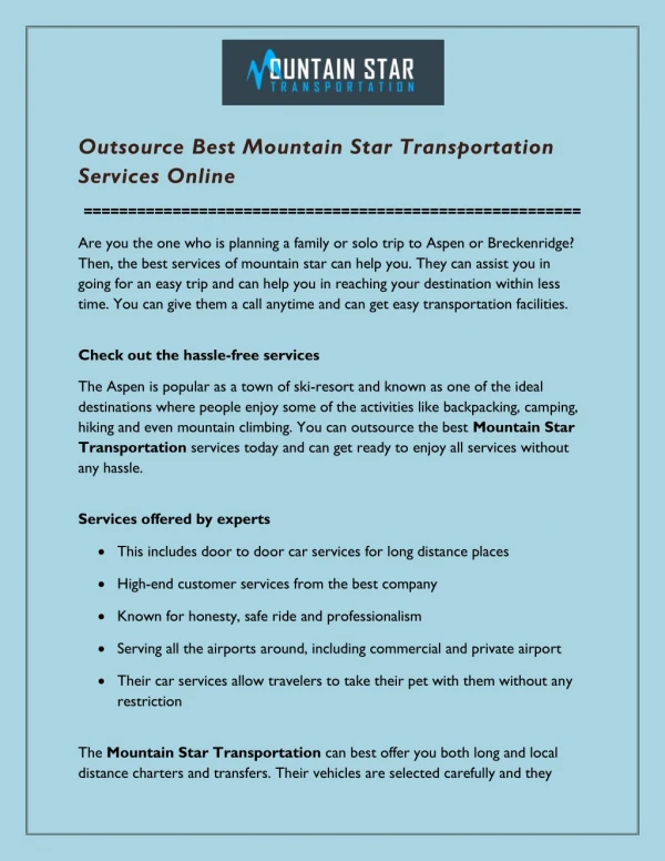 Outsource Best Mountain Star Transportation Services Online