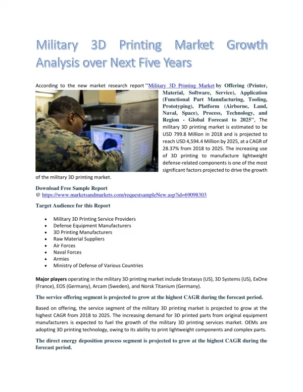 Military 3D Printing Market Growth Analysis over Next Five Years