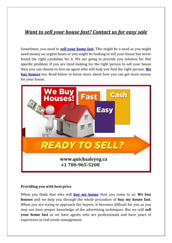 Want to sell your house fast? Contact us for easy sale