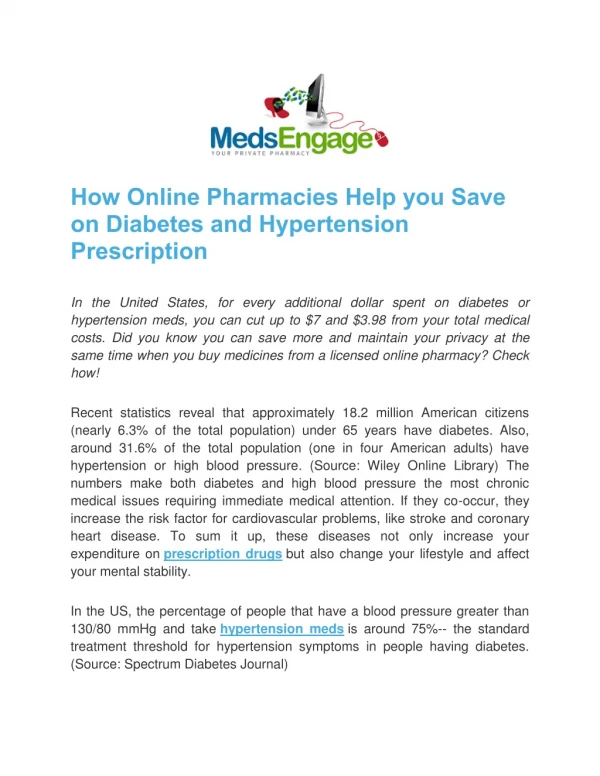How Online Pharmacies Help you Save on Diabetes and Hypertension Prescription